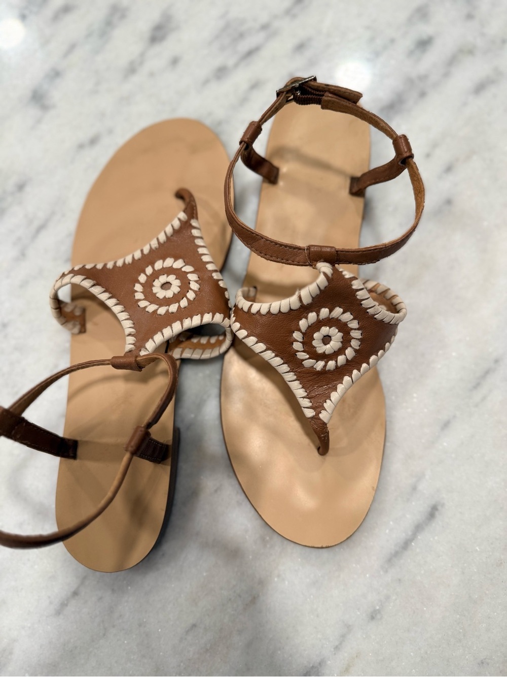 Jack Rogers Brown Leather Whipstitch Circle Sandals